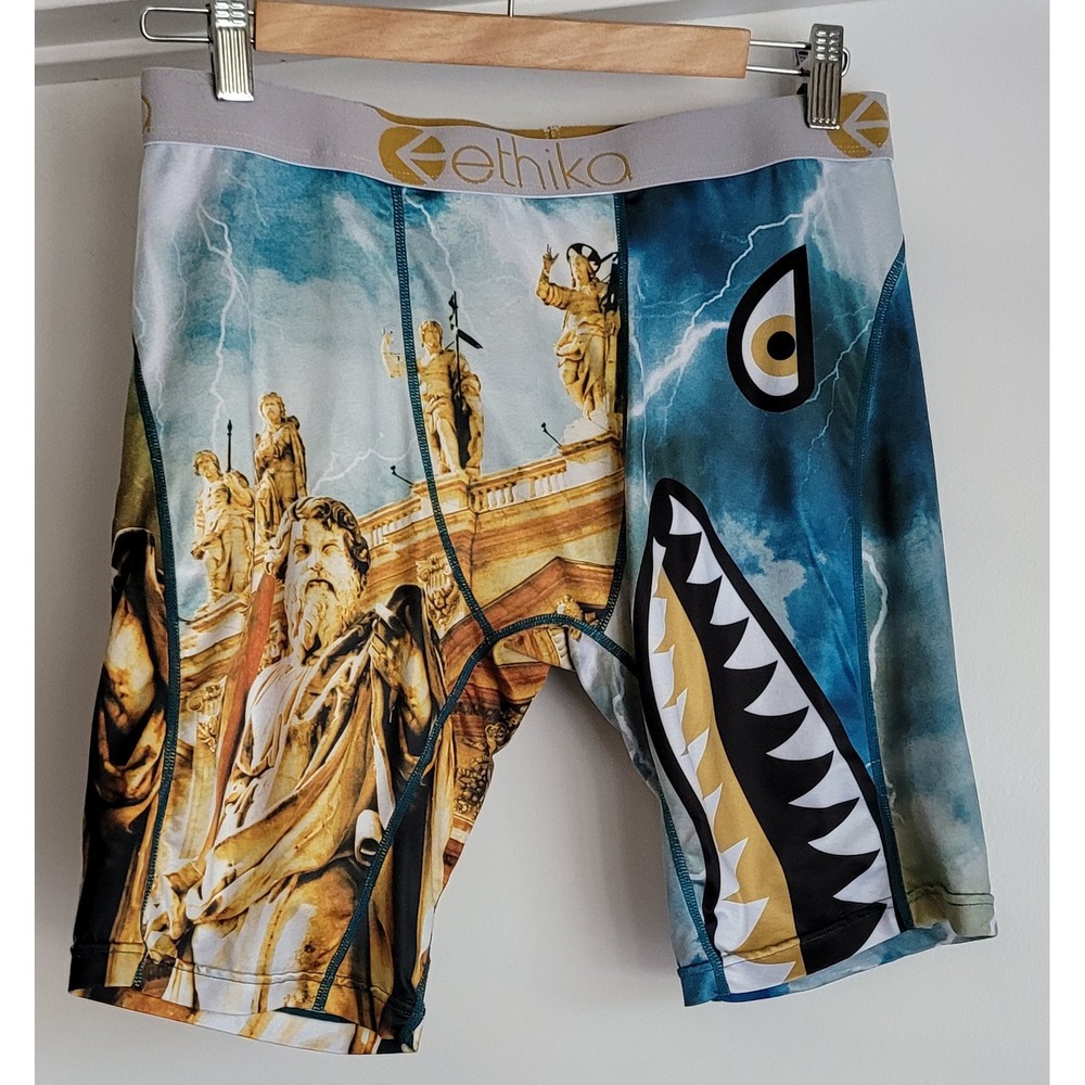 Ethika Mens Staple Boxer Briefs Large Blue Greek Statue Shark Lightning Graphic